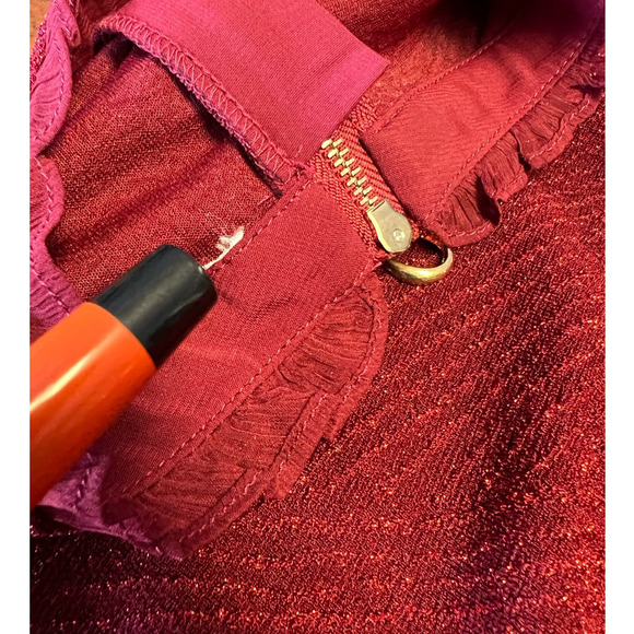 Deep Red Shimmer High Collar Sheer Sleeve Fringe Hem Dress Size M - Picture 12 of 12